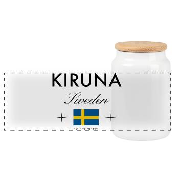 Kiruna Sweden Coordinates Travel Souvenir - Panoramic Cookie Jar with Wooden Lid - white - Front