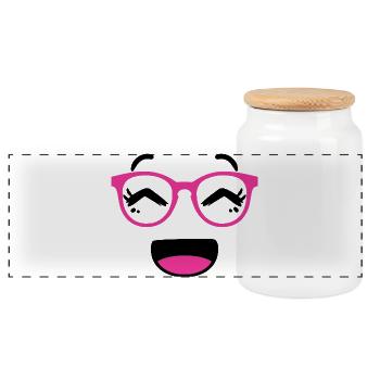 Cute face in kawaii style with pink glasses - Panoramic Cookie Jar with Wooden Lid - white - Front