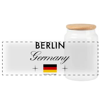Berlin Germany Coordinates Travel Souvenir - Panoramic Cookie Jar with Wooden Lid - white - Front