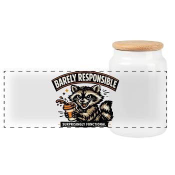 Barely Responsible Raccoon Coffee - Panoramic Cookie Jar with Wooden Lid - white - Front