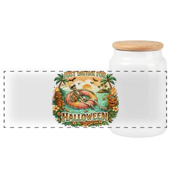 Waiting for Halloween Skeleton Hallloween Anticipation - Panoramic Cookie Jar with Wooden Lid - white - Front