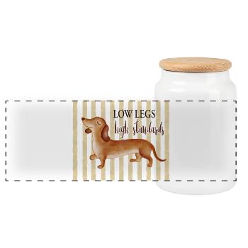 Low Legs High Standards – Funny Dachshund - Panoramic Cookie Jar with Wooden Lid - white - Front
