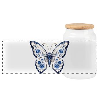 Blaues Blüten-Schmetterling Motiv - Panorama Keksdose mit Holzdeckel - Weiß - Vorne
