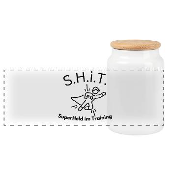 S.H.i.T lustiges Superheld T-Shirt - Panorama Keksdose mit Holzdeckel - Weiß - Vorne
