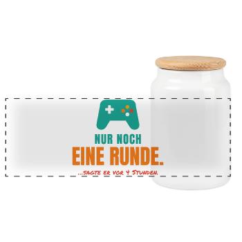 Nur noch eine Runde – Gamer Spruch - Panorama Keksdose mit Holzdeckel - Weiß - Vorne