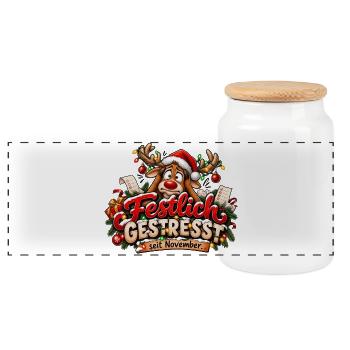 Weihnachtsmotiv Rentier gestresst Weihnachtsstress - Panorama Keksdose mit Holzdeckel - Weiß - Vorne