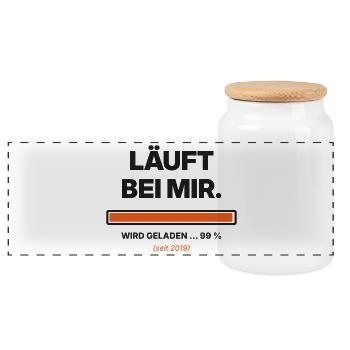 Läuft bei mir – Ladebalken 99 % Spruch für Nerds - Panorama Keksdose mit Holzdeckel - Weiß - Vorne
