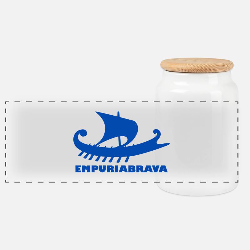 Schiff Empuriabrava Schrift blau - Panorama Keksdose mit Holzdeckel - Weiß