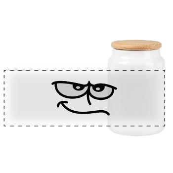 Ironic looking smiling cartoon face - Panoramic Cookie Jar with Wooden Lid - white - Front