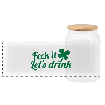 FECK IT! lets drink with Irish Shamrock - Panoramic Cookie Jar with Wooden Lid - white - Front