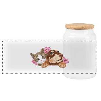 Chat mignon et teckel rêveur avec des fleurs roses - Boîte à biscuits avec couvercle en bois - blanc - Devant