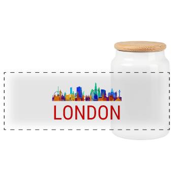 Red London Text with City Skyline Silhouette - Panoramic Cookie Jar with Wooden Lid - white - Front