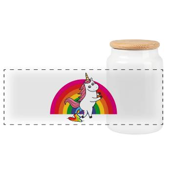 Kackendes Einhorn Regenbogen - Panorama Keksdose mit Holzdeckel - Weiß - Vorne