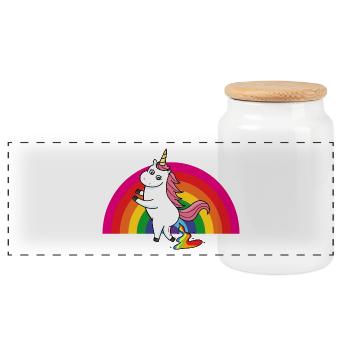 Kackendes Einhorn Regenbogen - Panorama Keksdose mit Holzdeckel - Weiß - Vorne