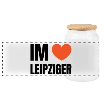 Im herzen Leipziger | Leipzig | I love - Panorama Keksdose mit Holzdeckel - Weiß - Vorne