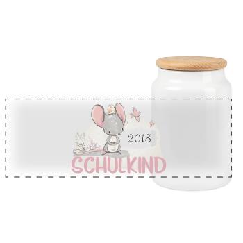 Schoolchild 2018 schooling mouse girl - Panoramic Cookie Jar with Wooden Lid - white - Front