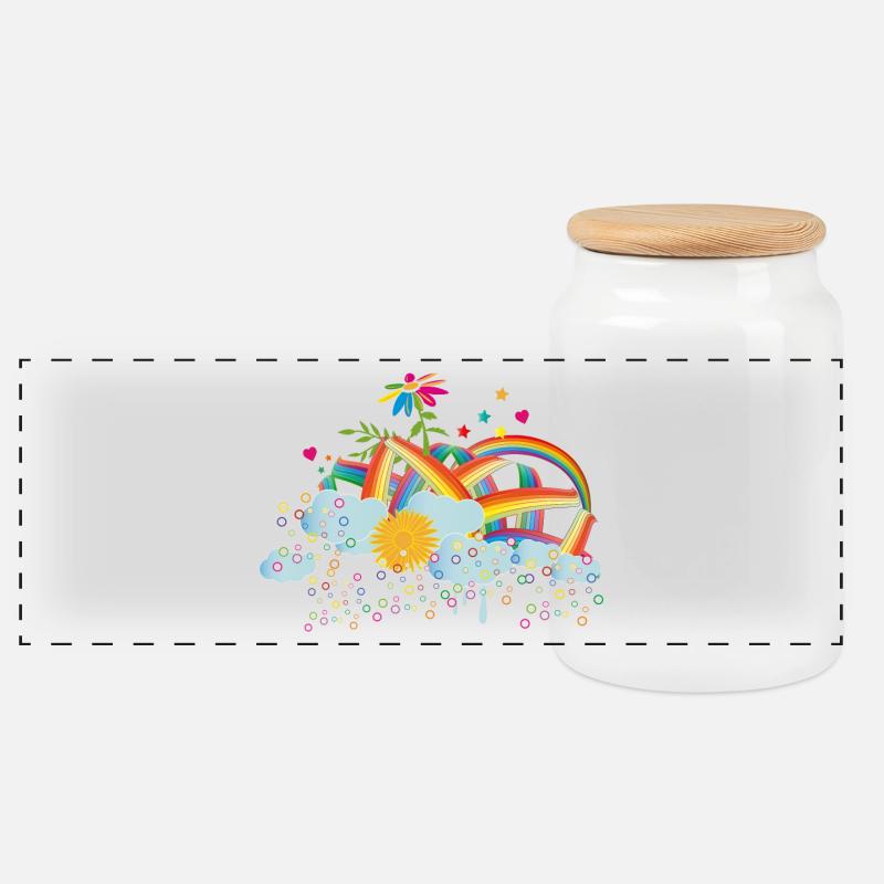 märchenhafter Regenbogen Himmel mit Wolken & Blume - Panorama Keksdose mit Holzdeckel - Weiß