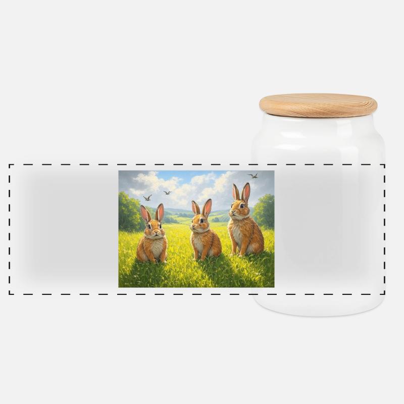 Three rabbits in the spring field - Panoramic Cookie Jar with Wooden Lid - white