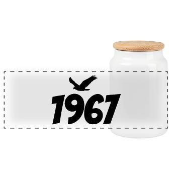 1967 Vintage Jahrgang Adler Grafik - Panorama Keksdose mit Holzdeckel - Weiß - Vorne
