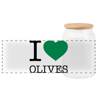 I LOVE OLIVES Oliven - Panorama Keksdose mit Holzdeckel - Weiß - Vorne