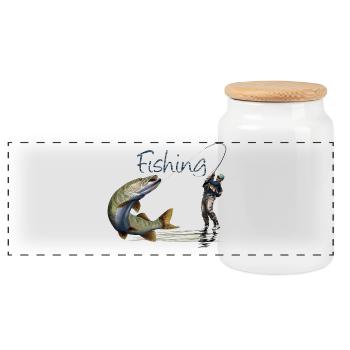 Fishing - Panoramic Cookie Jar with Wooden Lid - white - Front