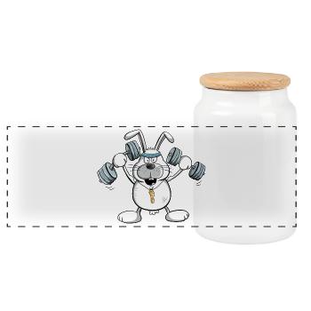 Strong Bunny I Fun Comic Fitness Strength Training - Panoramic Cookie Jar with Wooden Lid - white - Front