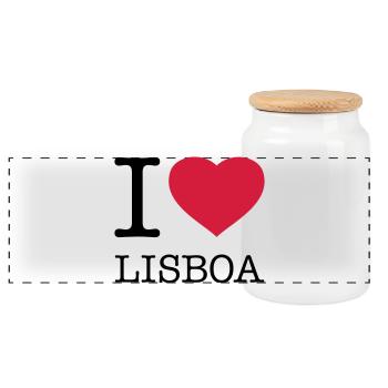 I LOVE LISBON, Lisbon, Lisbon, Portugal - Panoramic Cookie Jar with Wooden Lid - white - Front