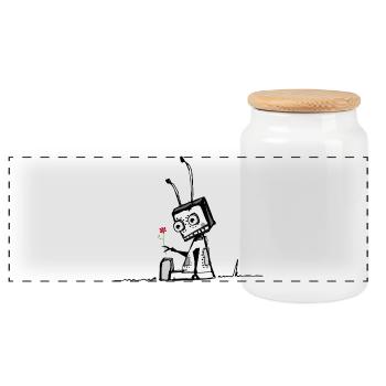 A robot with a flower - Panoramic Cookie Jar with Wooden Lid - white - Front