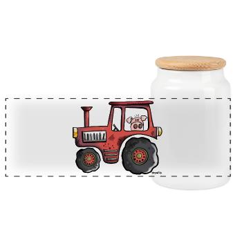 Schwein fährt Traktor - Panorama Keksdose mit Holzdeckel - Weiß - Vorne