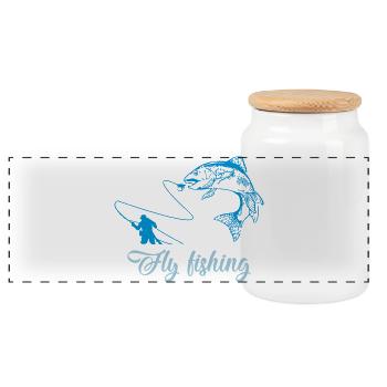 fly fishing fish - Panoramic Cookie Jar with Wooden Lid - white - Front