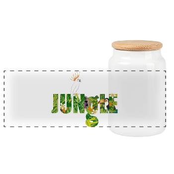 Jungle typography with cockatoo, toucan & monkey - Panoramic Cookie Jar with Wooden Lid - white - Front