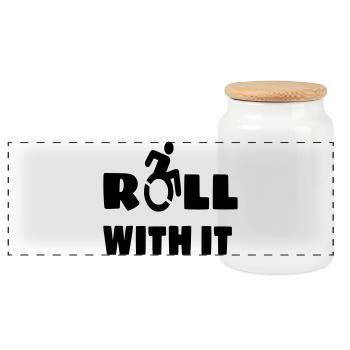 I roll with my wheelchair, roller, disabled # - Panoramic Cookie Jar with Wooden Lid - white - Front
