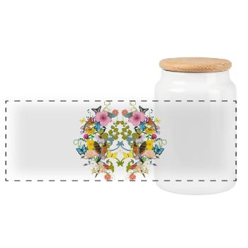 symmetrische Blüten,Vögel und Schmetterlinge - Panorama Keksdose mit Holzdeckel - Weiß - Vorne