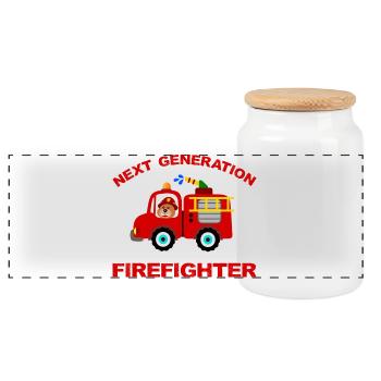 Fire truck fire truck firefighter firetruck - Panoramic Cookie Jar with Wooden Lid - white - Front