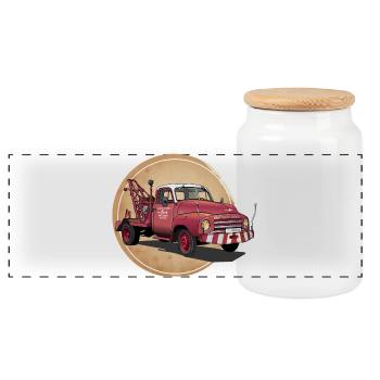 Abschleppwagen Oldtimer - Panorama Keksdose mit Holzdeckel - Weiß - Vorne