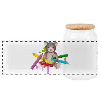 kreativer Bär mit kunterbunten Buntstifte - Panorama Keksdose mit Holzdeckel - Weiß - Vorne