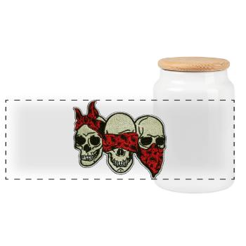 Drei Schädel mit roter Augenmaske / Three Skulls - Panorama Keksdose mit Holzdeckel - Weiß - Vorne