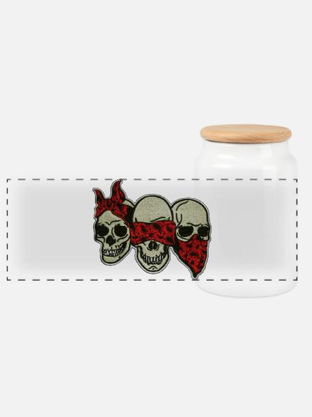 Drei Schädel mit roter Augenmaske / Three Skulls - Panorama Keksdose mit Holzdeckel - Weiß