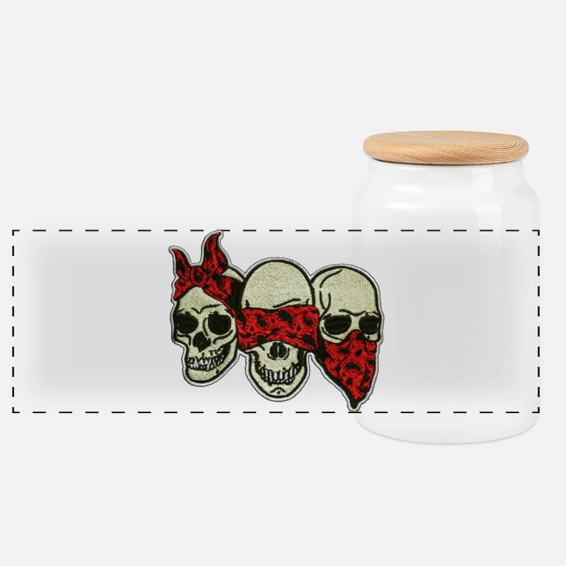 Drei Schädel mit roter Augenmaske / Three Skulls - Panorama Keksdose mit Holzdeckel - Weiß