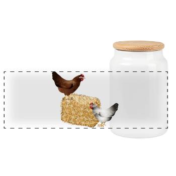 two chickens on a bale of straw - Panoramic Cookie Jar with Wooden Lid - white - Front