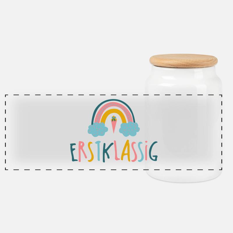 Erstlassig - Schulkind - Regenbogen - Panorama Keksdose mit Holzdeckel - Weiß