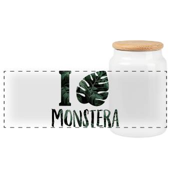 Monstera Green Motif Window Leaf Gift - Panoramic Cookie Jar with Wooden Lid - white - Front