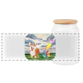 Watercolor Dog with Ball - Panoramic Cookie Jar with Wooden Lid - white - Front