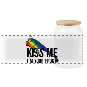 Grenouille - Princesse - Kiss -Kiss me - Boîte à biscuits avec couvercle en bois - blanc - Devant