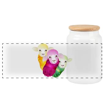 three colourful sheep with colour-coordinated wool - Panoramic Cookie Jar with Wooden Lid - white - Front