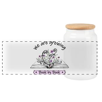 Pink flowers grow out of open book with quote - Panoramic Cookie Jar with Wooden Lid - white - Front