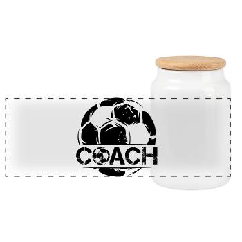 Soccer Coach Coach Ball Symbol used look Club - Panoramic Cookie Jar with Wooden Lid - white - Front