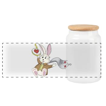 Late Again Clock Rabbit - Panoramic Cookie Jar with Wooden Lid - white - Front