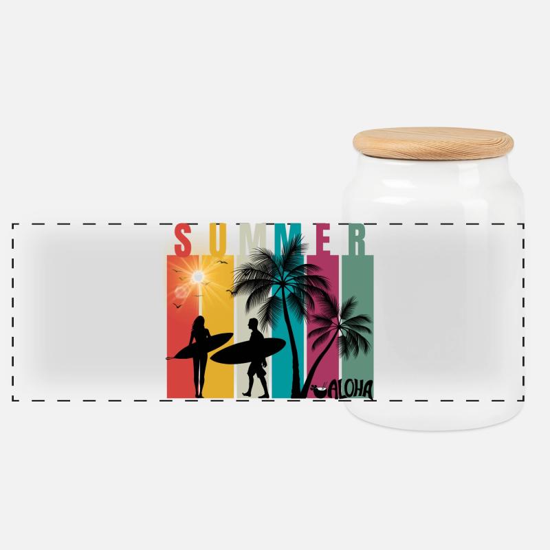 Summer - Sommer - Hawaii - Aloha - Surfer - Panorama Keksdose mit Holzdeckel - Weiß