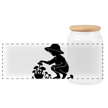 charmantes Silhouetten-Motiv Mädchen sammelt Pilze - Panorama Keksdose mit Holzdeckel - Weiß - Vorne